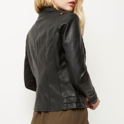Black leather-look whipstitch biker jacket